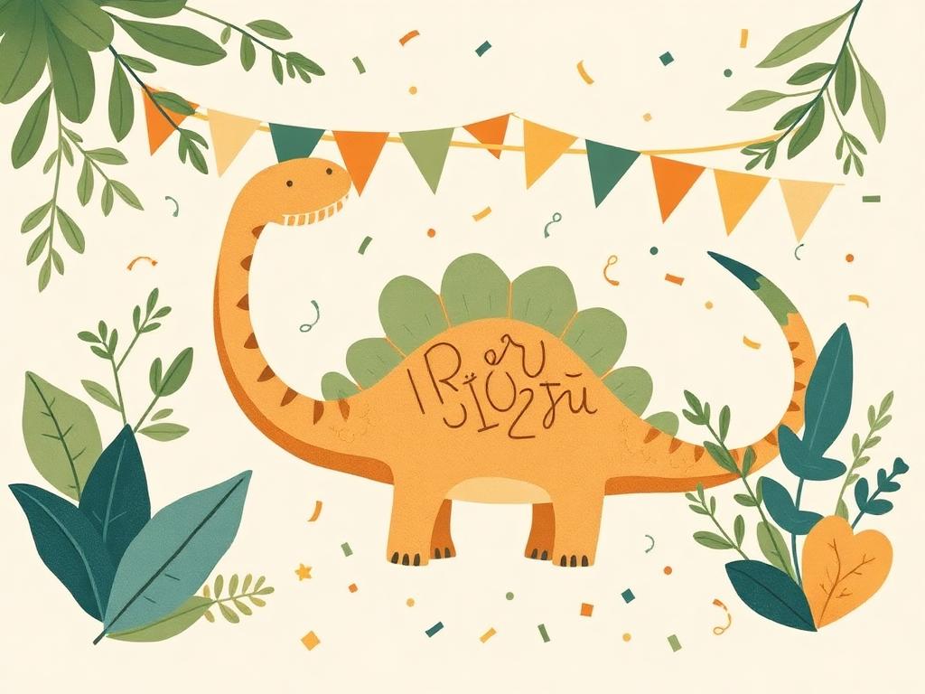 Illustrated dinosaur party theme with bunting and confetti